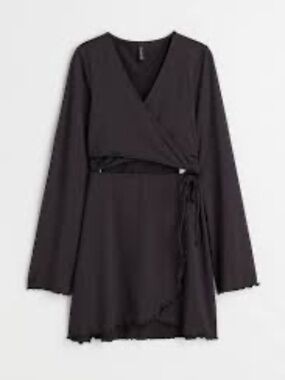 H&M Black Cut-Out Wrap Mini Dress | Long Flared Sleeves | Stretchy | Size M